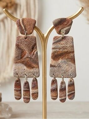 NWT Marbled Geometric Drop Earrings - Boho Brown & White - Handmade